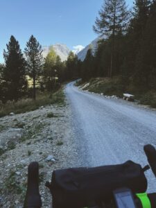 Fahrradlenker; Schotterweg, Bäume und weiße Gipfel am Horizont