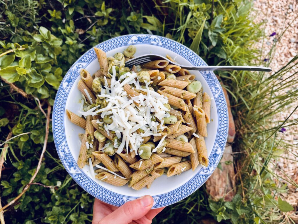 bowl of pasta, held by hand before green grass