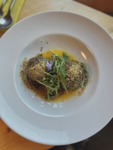 plate with two green dumplings and salad topping